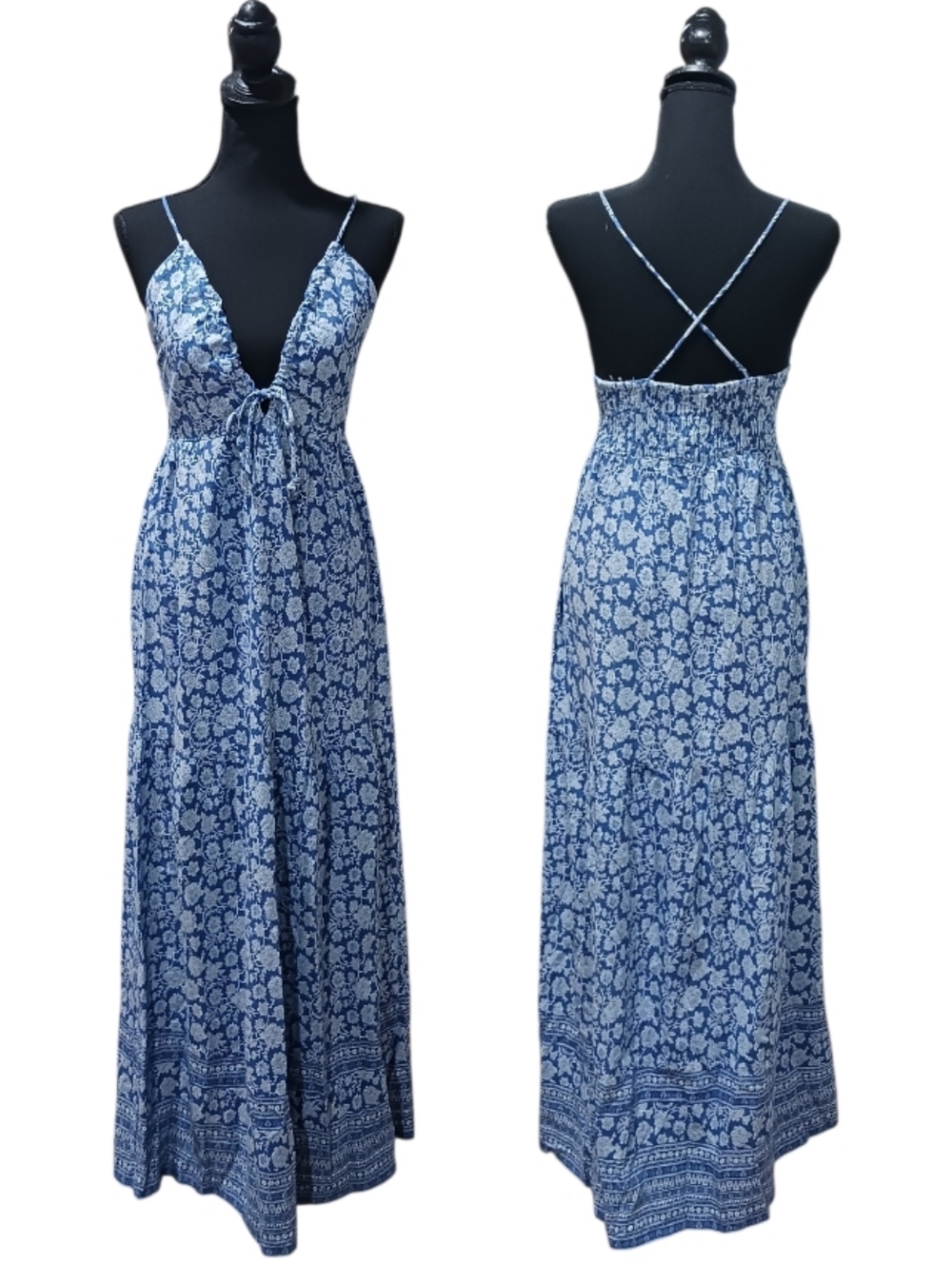 Sim & Sam Halter V-Neck Bohemian Floral Maxi Dress Smocked Back - Picture 2 of 11
